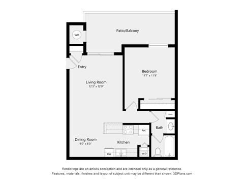 Floor plan for 1 bed, 1 bath, 668 sqft